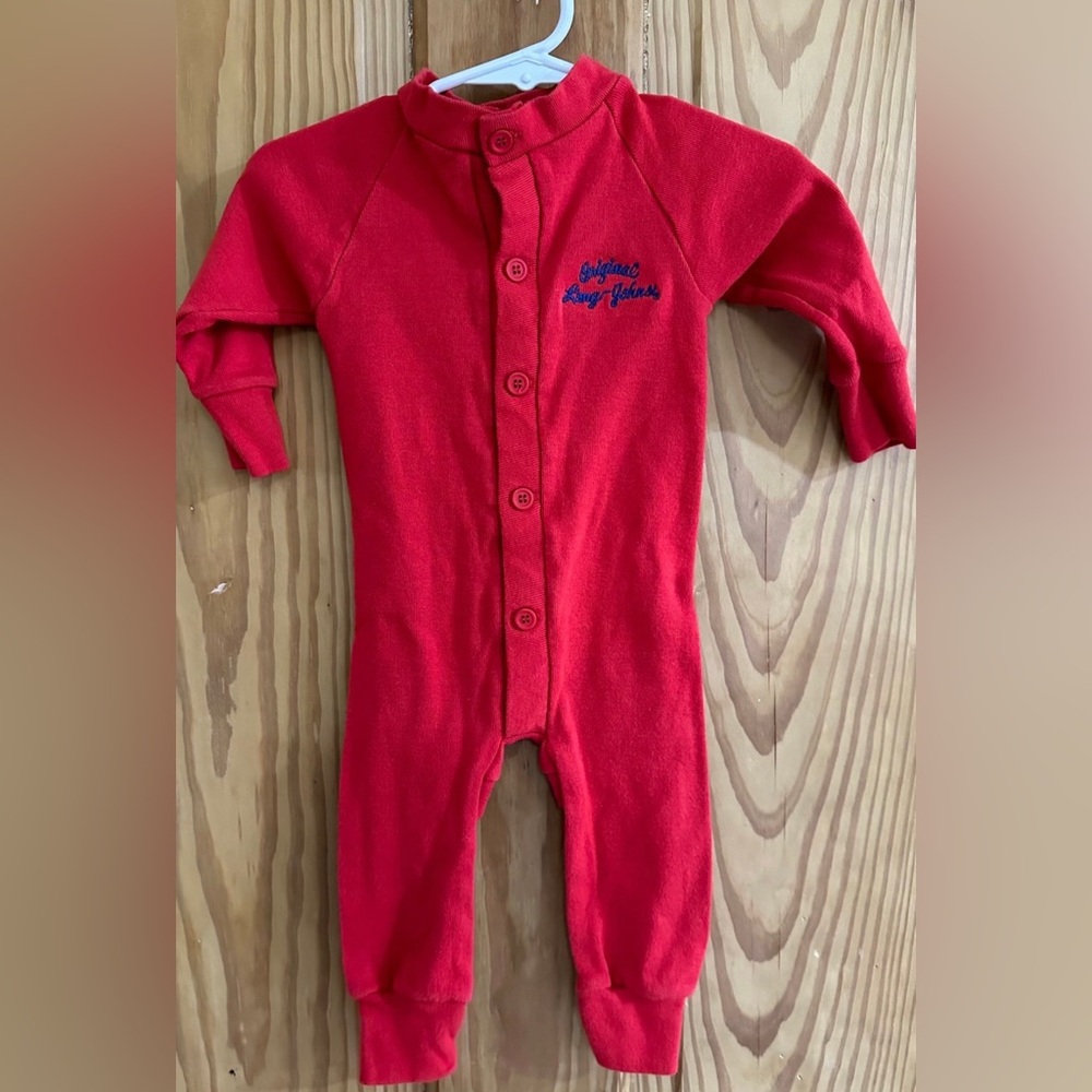 Vintage Baby Boy 12M Red Long Johns Onesie